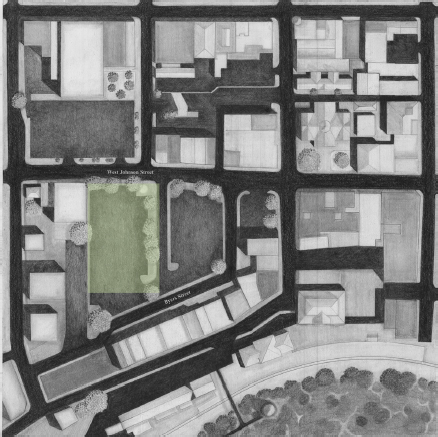 Plan drawing of the blocks around the Staunton Farmers Market, a colored square highlighting the market.