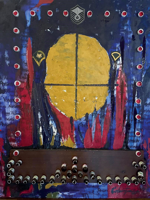 Artist work of a brain, painted yellow and surrounding by paint strokes of blue and red. Surrouding the paiting are red chemotherapy vials.