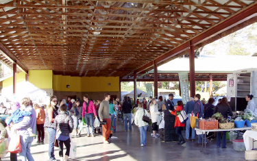People gather under the pavilion at Durham Farmers Market.