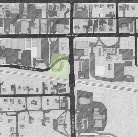 Plan drawing showing the farmers market pavilion one block south of Main Street. A colored square highlights the pavilion.