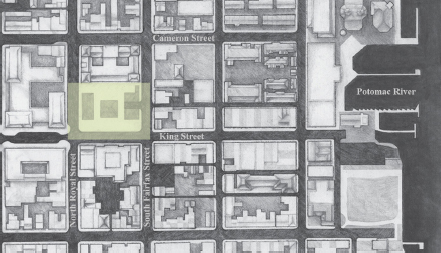 Plan drawing of the blocks encompassing City Hall, which is highlighted by a colored square.