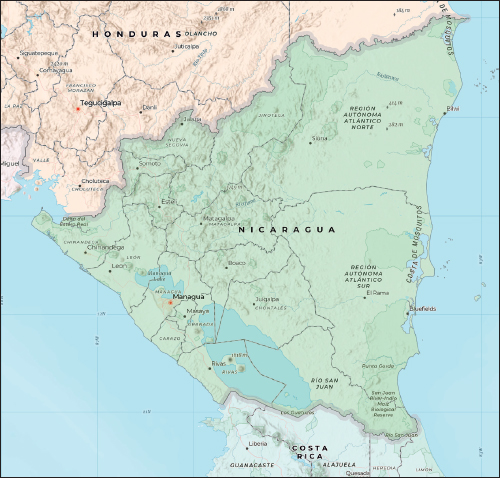 Map showing the country of Costa Rica, bordered by Nicaragua to the north, the Pacific Ocean to the west and south, Panama to the south and east, and the Caribbean Sea to the east. Lines indicate the borders of regions within the country, and pointers and labels indicate the locations of cities and geographical features.
