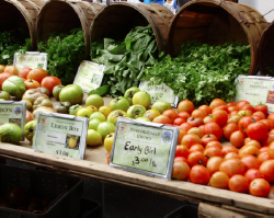 Displays of leafy greens, and several types of tomatoes.