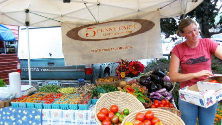 Woman standing in front a display showcasing of produce grown by the farm. Sign reads, “5 Penny Farm – Certified Organic. Floyd County, Virginia.”