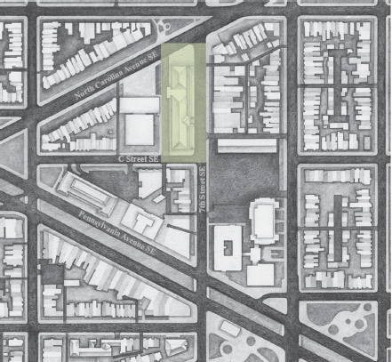 Figure ground plan of blocks surrounding Capitol Hill’s Eastern Market. A colored square highlights the market on the street view.