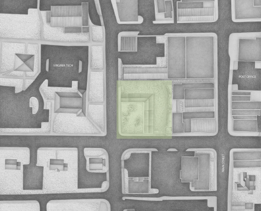 Plan drawing of Market Square Park. A colored square highlights the market.