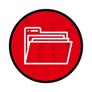 The white outline of an open tabbed folder with documents inside is placed on top of a red back ground containing the letters UC.