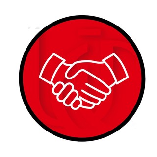 The white outline of two hands clasped in a handshake is placed on top of a red backgroud containing the letters UC.
