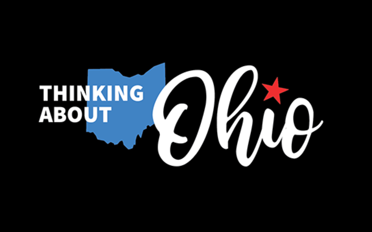 A logo featuring a blue silhouette of the state of Ohio with the words, "Thinking About Ohio" laid over top. 